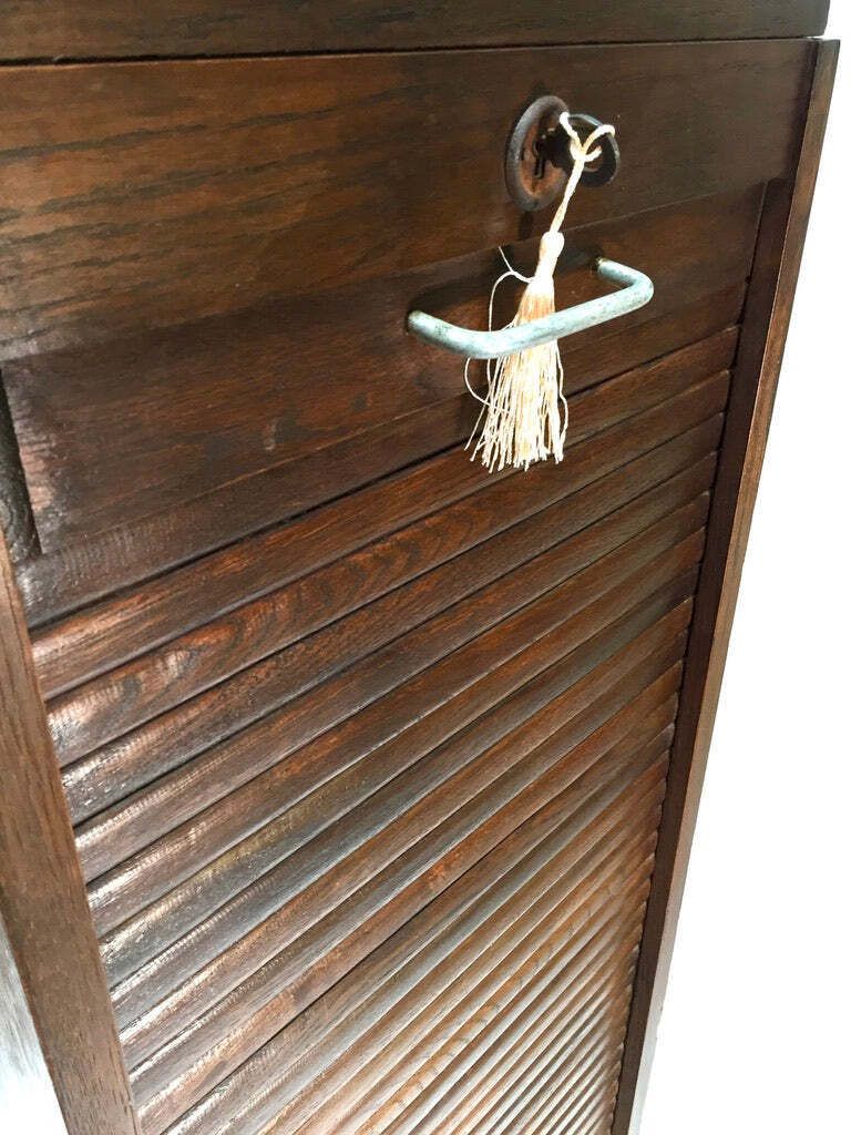 photo for sale Antique 1950s Wooden Oak Tambour Fronted Office Paper Filing Cabinet With Key