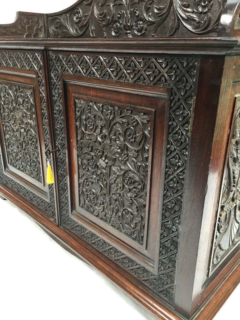 Antique Wooden Ornate Hand Carved Cabinet / Cupboard With Key 19th Century photo furniture