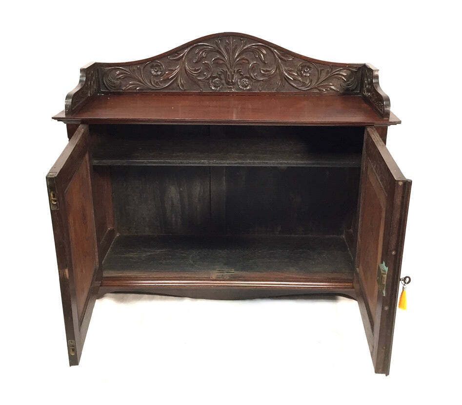 Antique Wooden Ornate Hand Carved Cabinet / Cupboard With Key 19th Century photo buy