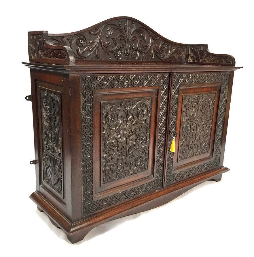345.0 Antique Wooden Ornate Hand Carved Cabinet / Cupboard With Key 19th Century photo