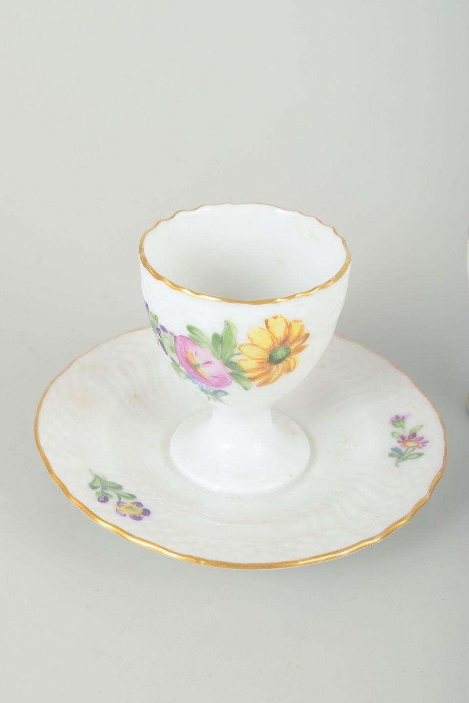 Royal Copenhagen Saxon Flower. Three Porcelain Egg Cups, Two With Fixed Saucers. photo Home Decor