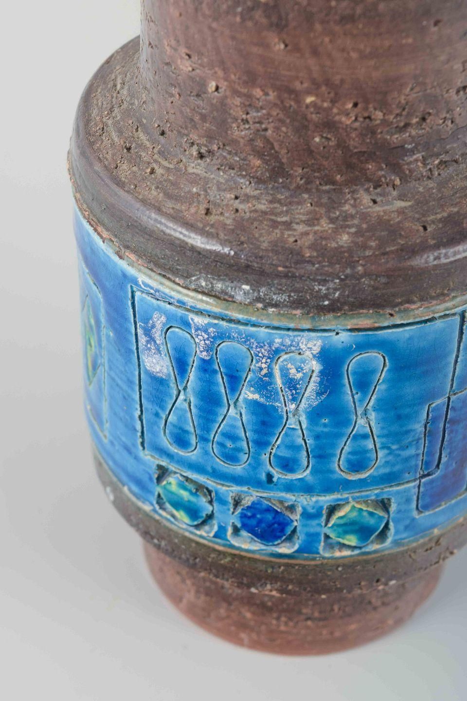 Aldo Londi For Bitossi. Ceramic Vase With Brown And "Rimini Blu" Glaze. 1970s photo for sale