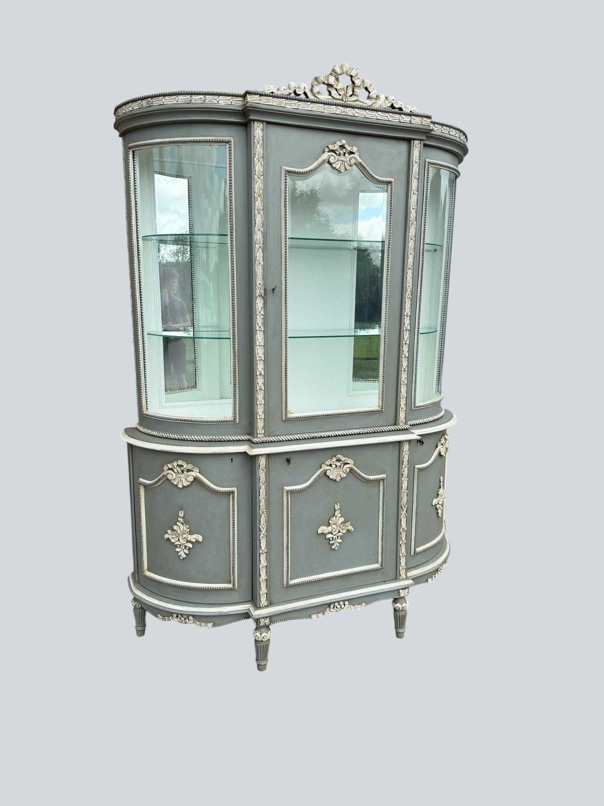 Antique Style French Painted 1 Door Glazed Bookcase Cupboard  Glazed Display Cabinet With Lower 3 Door Cupboard photo for sale