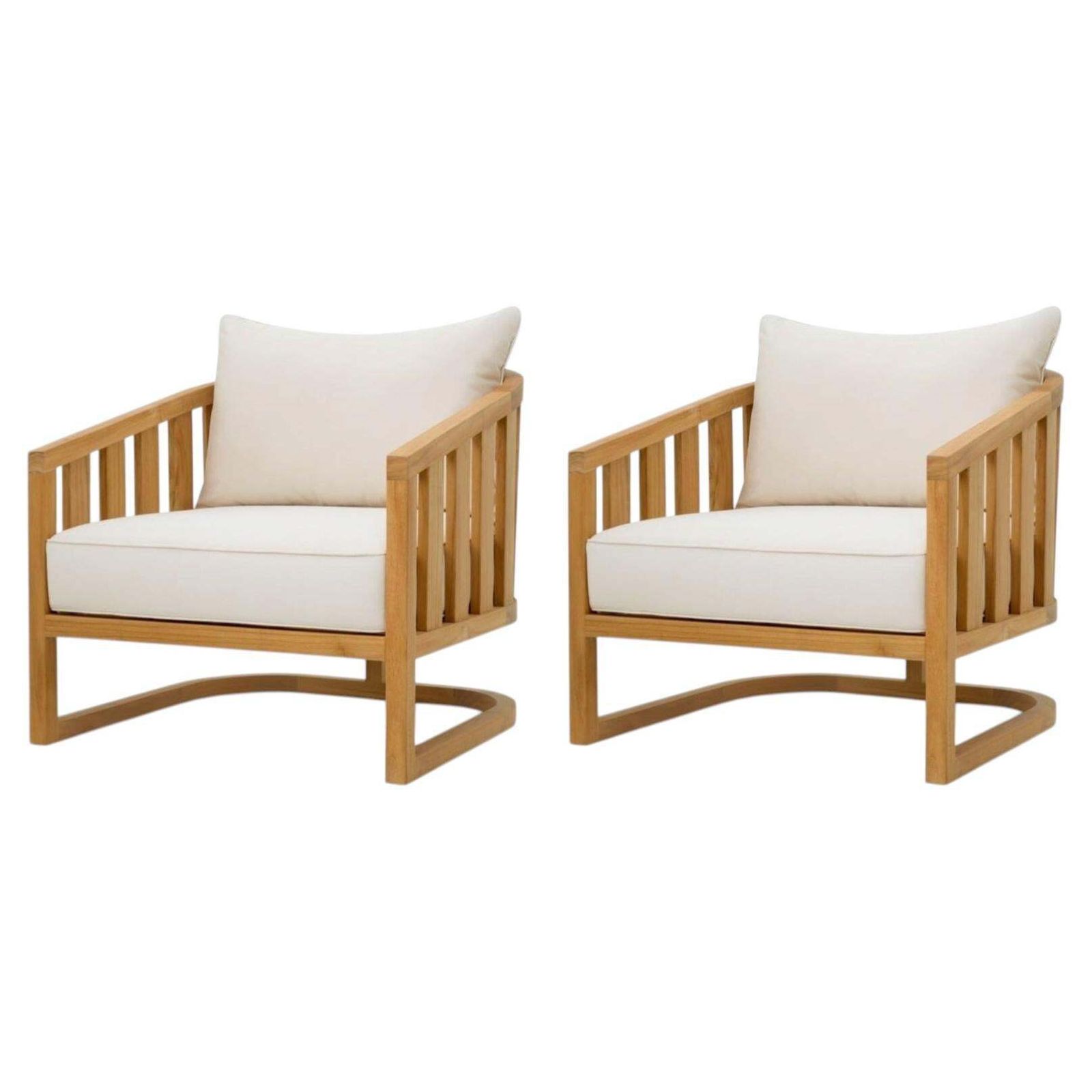 Pair Of Contemporary Natural Teak Outdoor Armchair With Canvas Cushions
