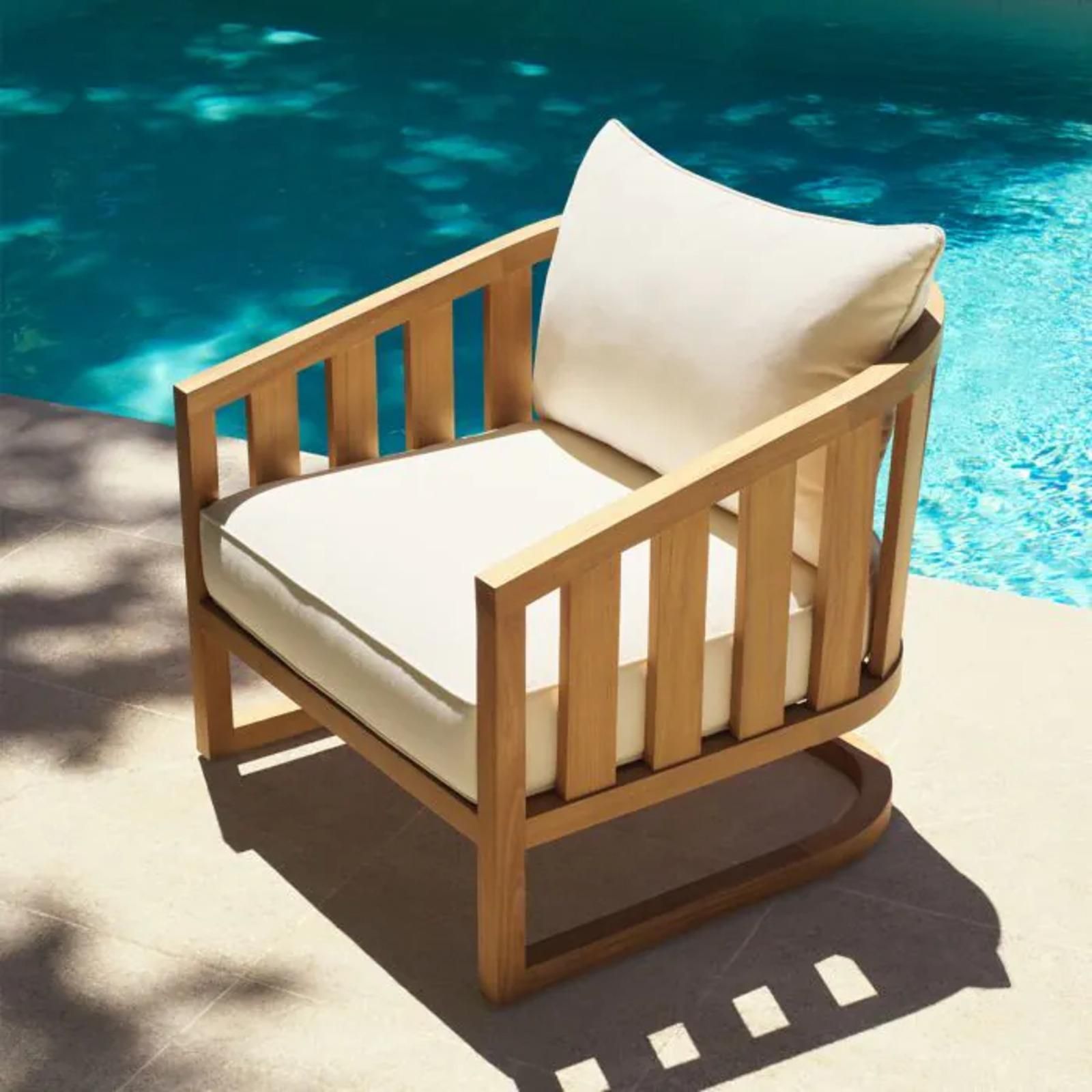 Pair Of Contemporary Natural Teak Outdoor Armchair With Canvas Cushions photo furniture