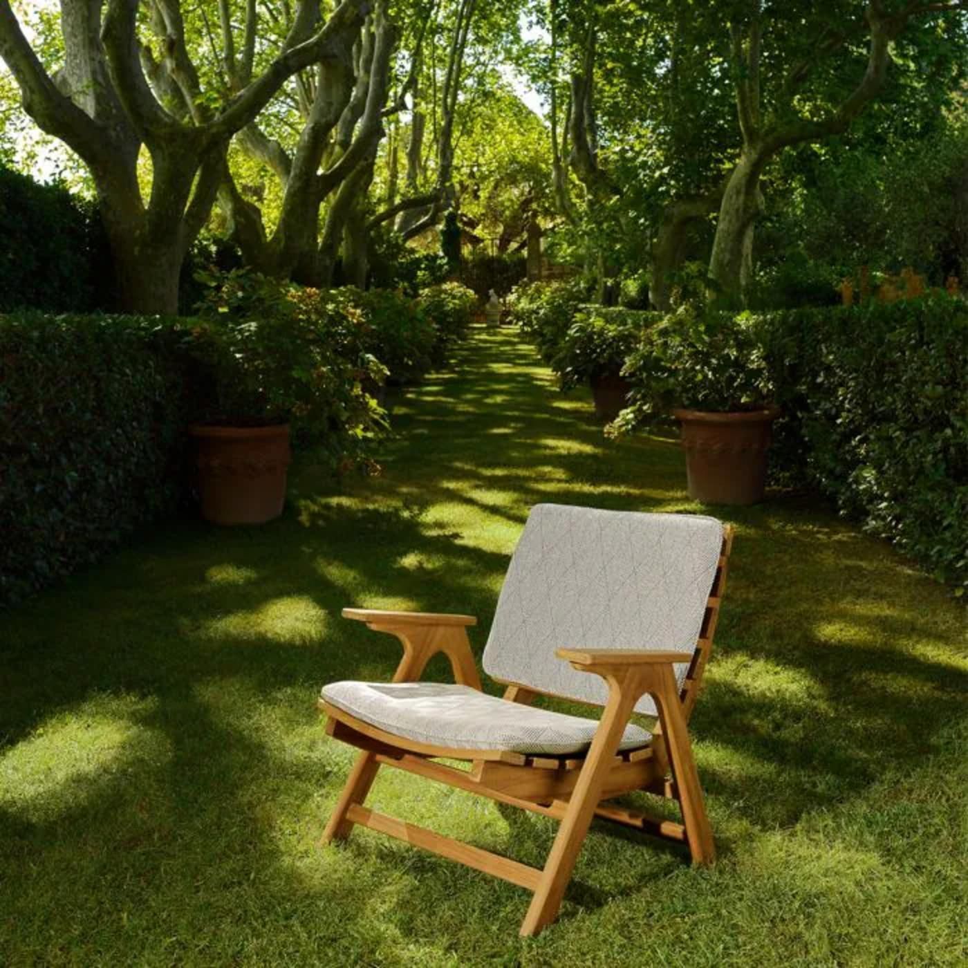 Pair Of Contemporary Natural Teak Outdoor Armchair With Graphic Upholstery photo for sale