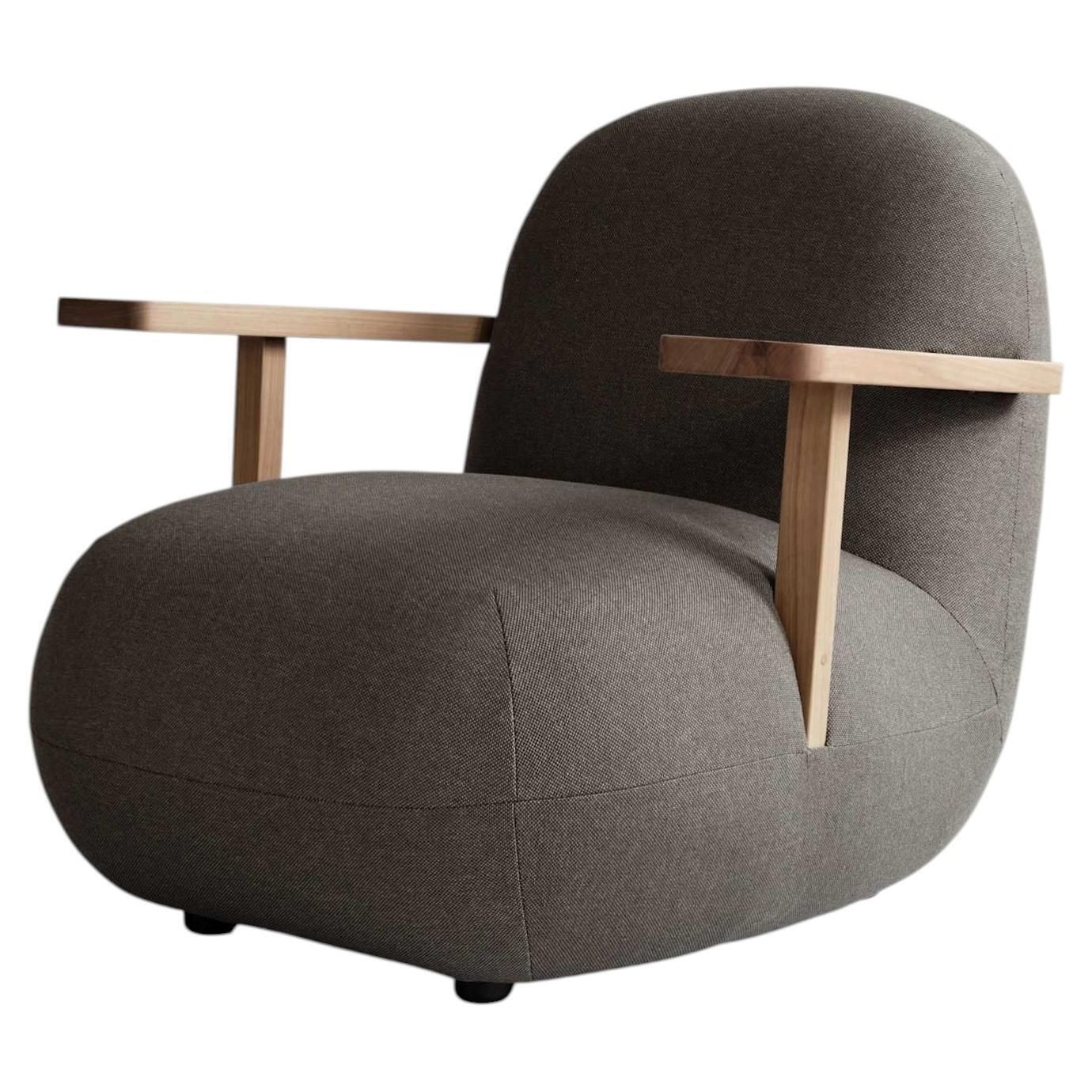 Lounge Chair With Teak Armrests In Stone Gray Outdoor Fabric