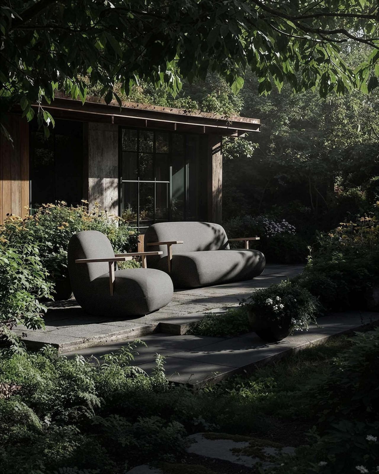 Lounge Chair With Teak Armrests In Stone Gray Outdoor Fabric photo furniture
