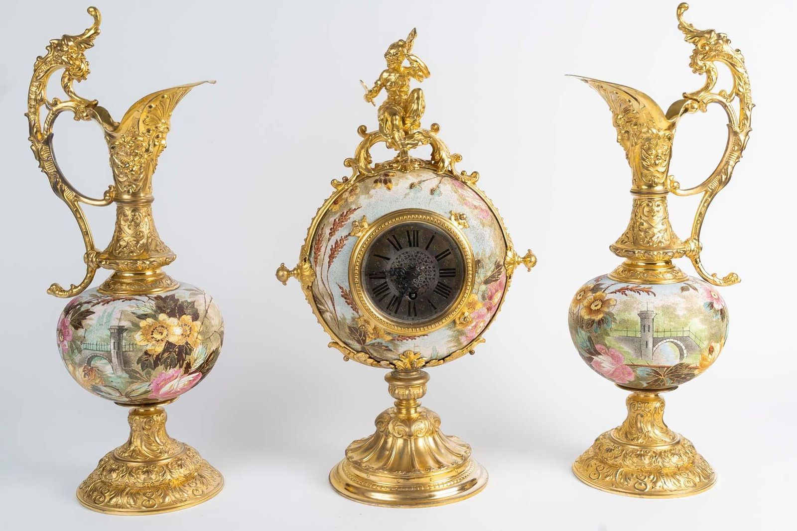 19th Century Fireplace Set In Porcelain And Gilded Pewter, Napoleon III Period. photo for sale