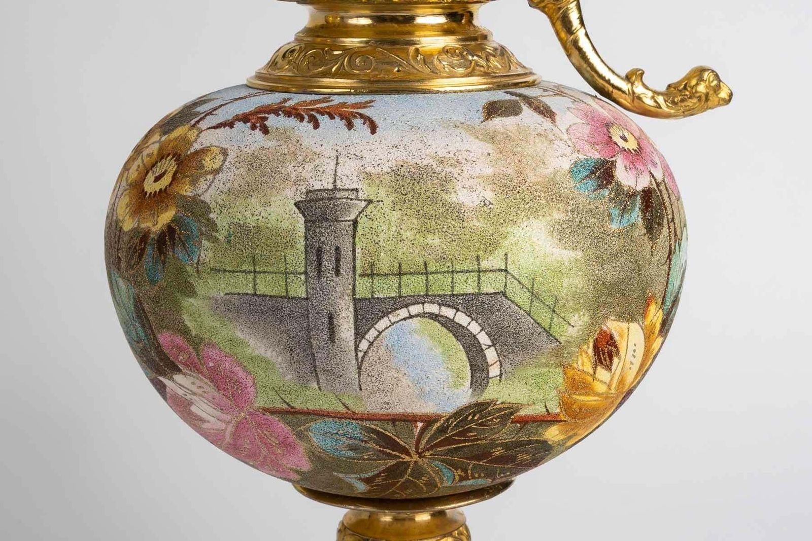 photo for sale 19th Century Fireplace Set In Porcelain And Gilded Pewter, Napoleon III Period.