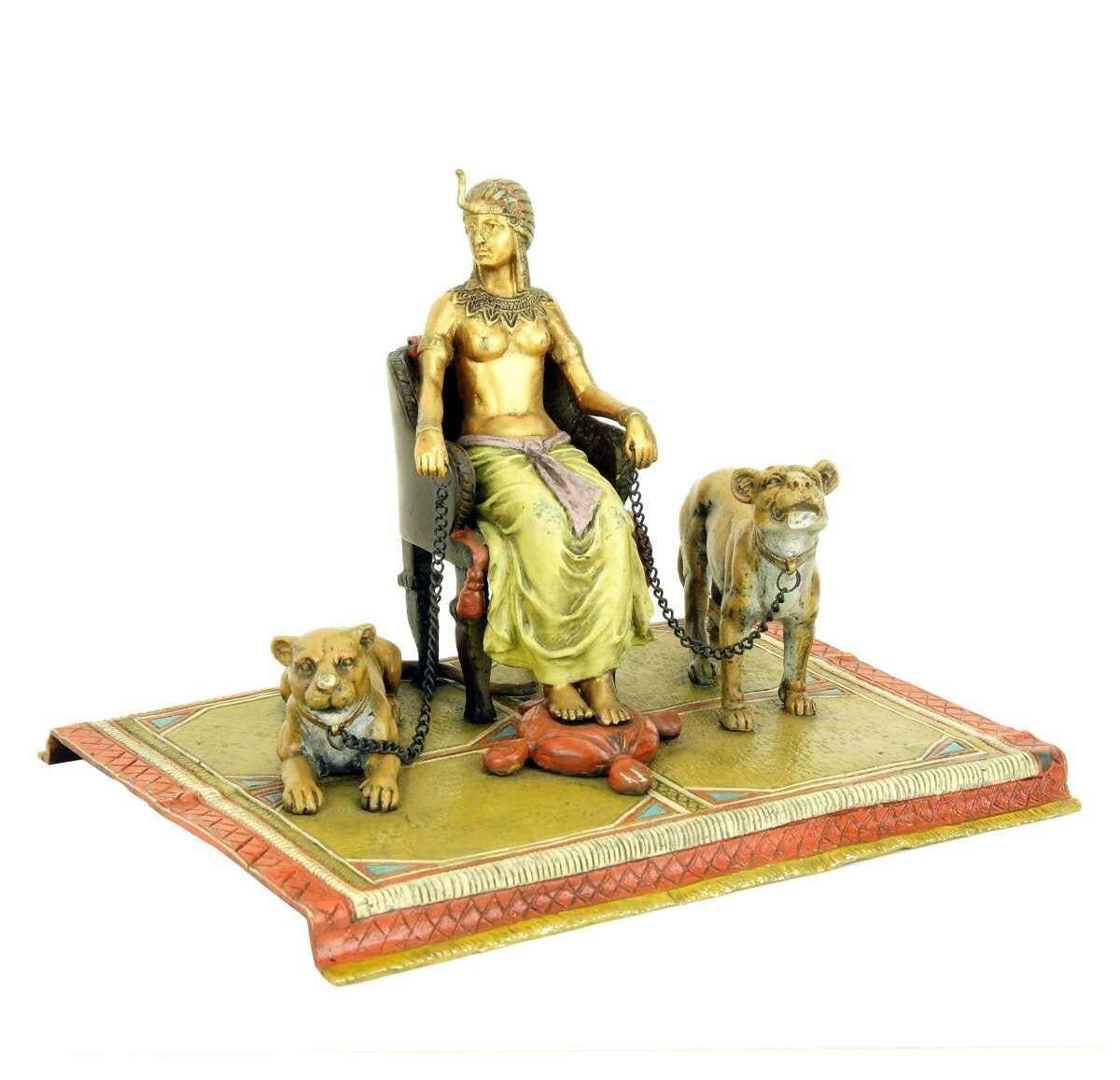 Orientalist Polychrome Bronze Pharaoh Sculpture With Lionesses photo Art