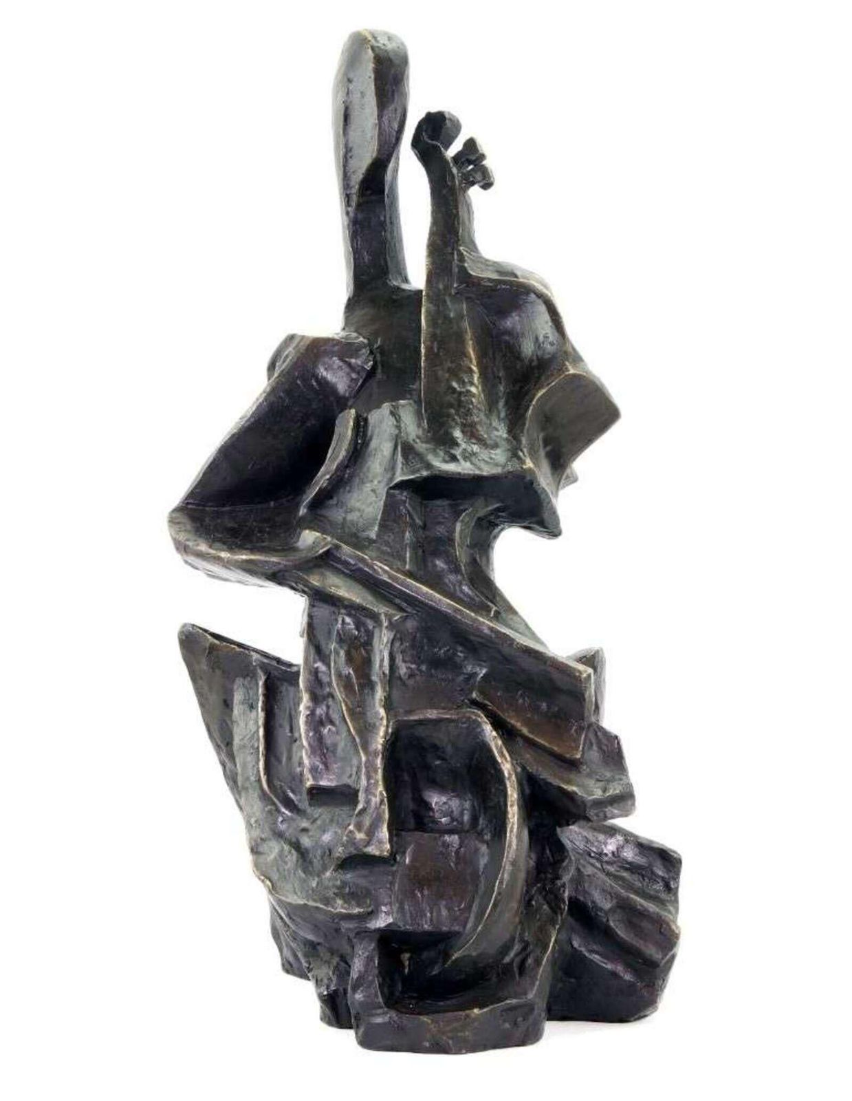 Modern Cubist Dark Bronze Cello Player Sculpture photo for sale