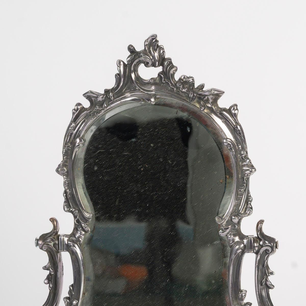 Rocaille Style Silver Plated Metal Table Mirror, Napoleon III Period. photo furniture