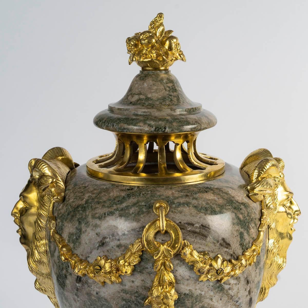 Pair Of Green Granite Cassolettes With Gilded Bronze, Louis XVI Style. photo vinterior