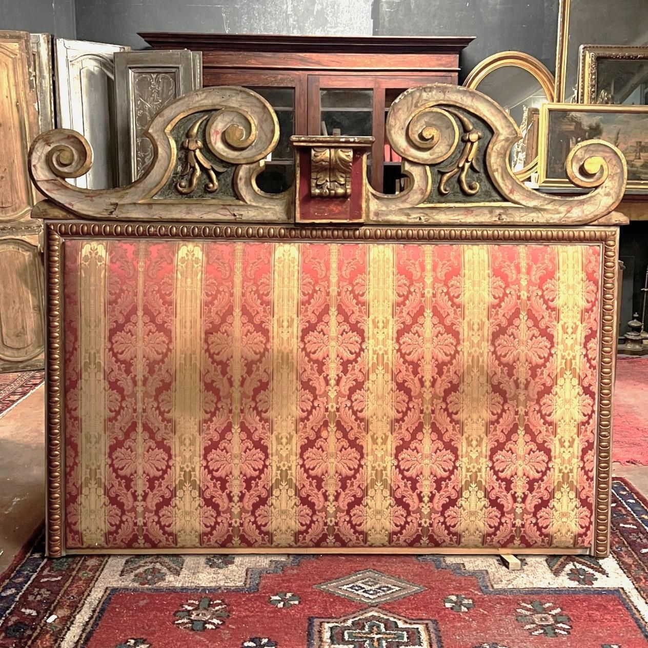 photo for sale Carved, Lacquered And Damask Lined Bed Headboard, Italy