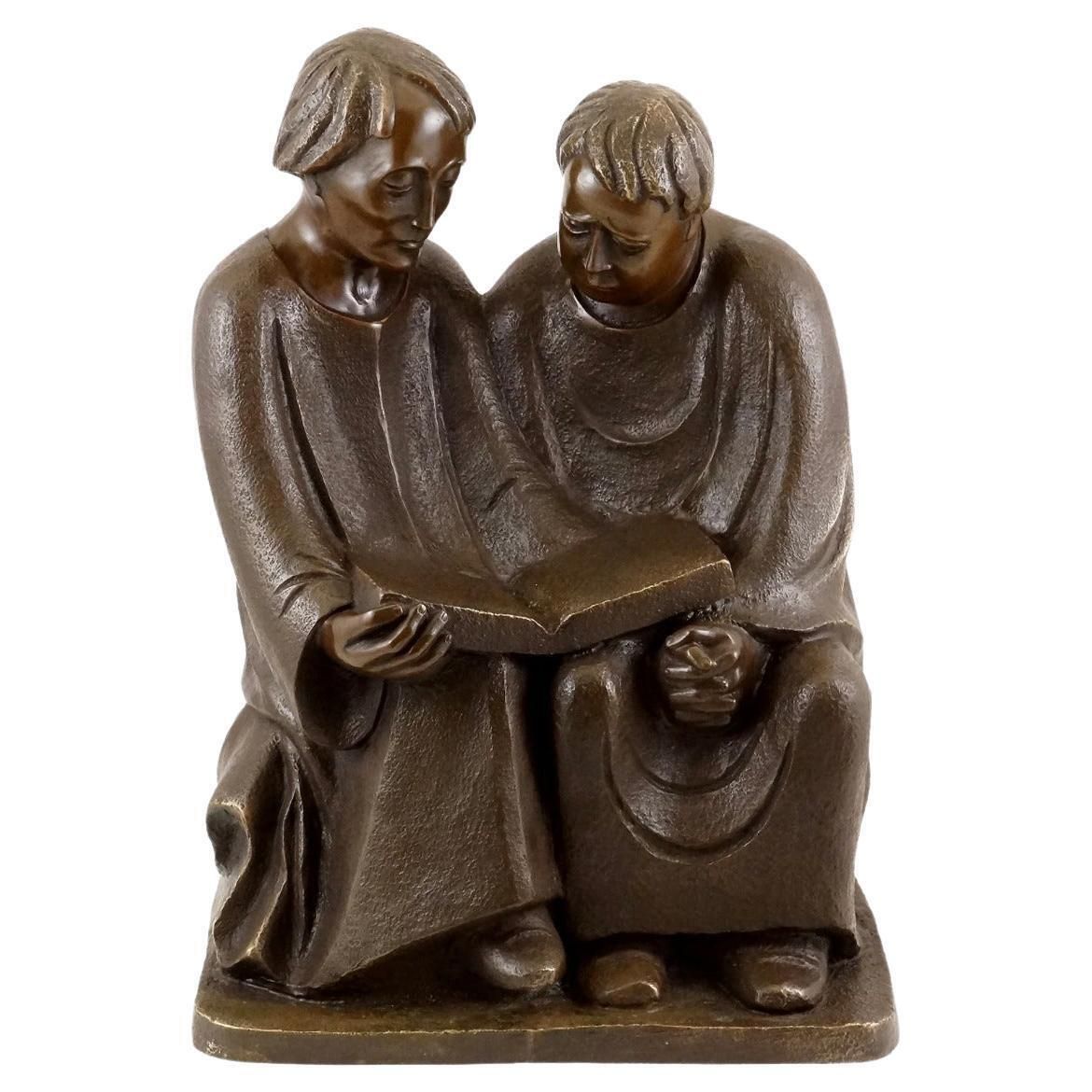 Reading Monks Sculpture In Bronze, 20th Century, Art Deco