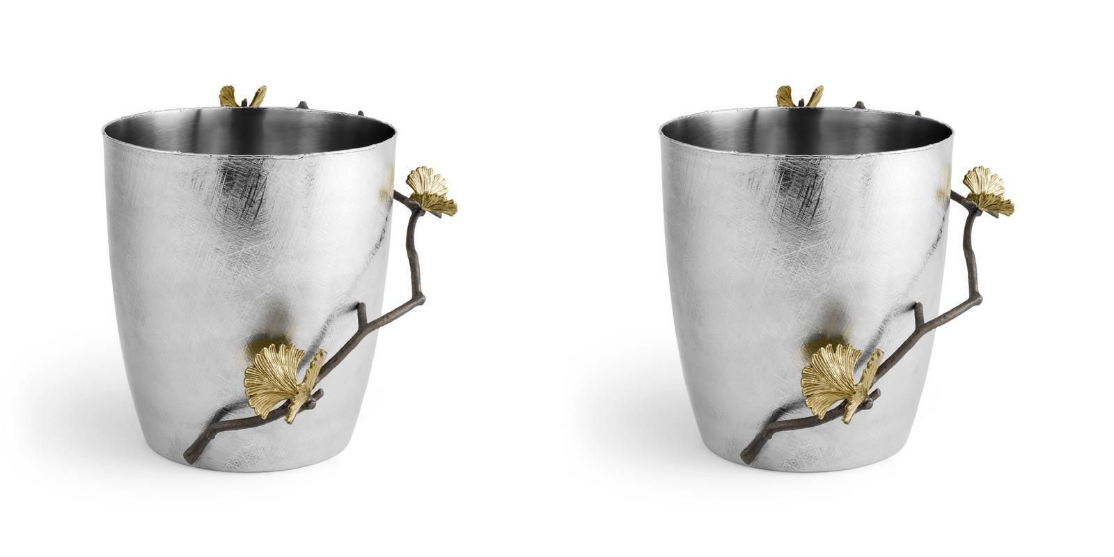Pair Of Modern Silver Metal Ginkgo Ice Bucket, Decorative Barware photo buy