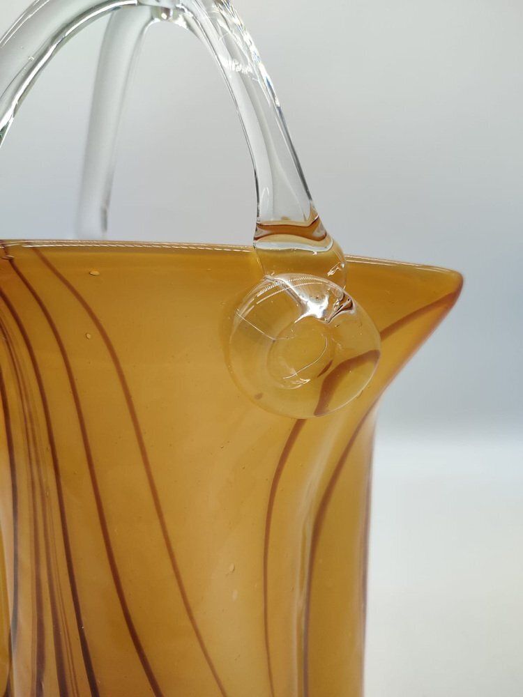 Large Mid Century Modern Sommerso Art Glass Basket Vase In Amber And Brown, 1970s photo vinterior