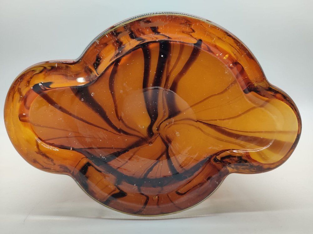 photo for sale Large Mid Century Modern Sommerso Art Glass Basket Vase In Amber And Brown, 1970s