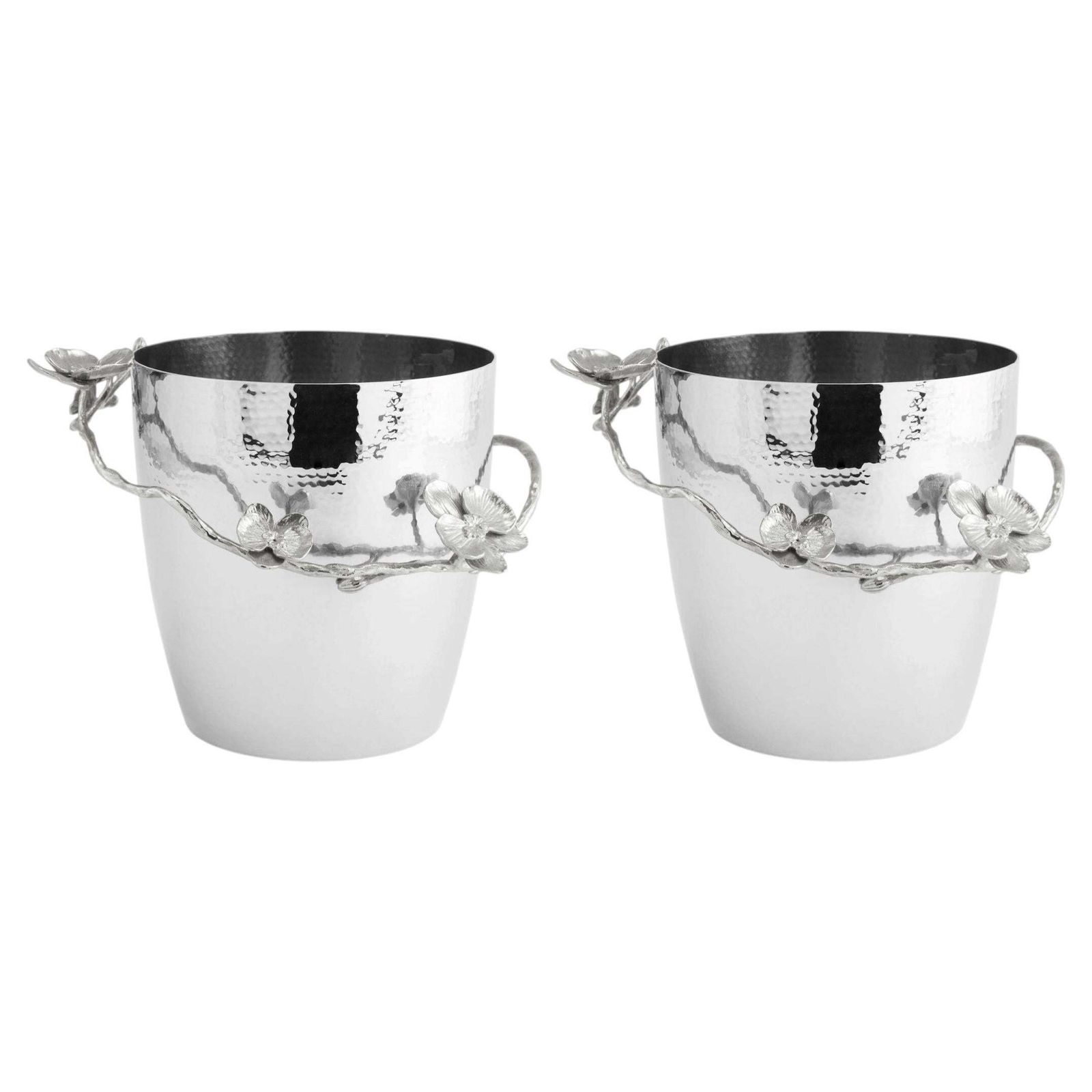 Pair Of Contemporary Silver Tone Metal Orchid Champagne Bucket