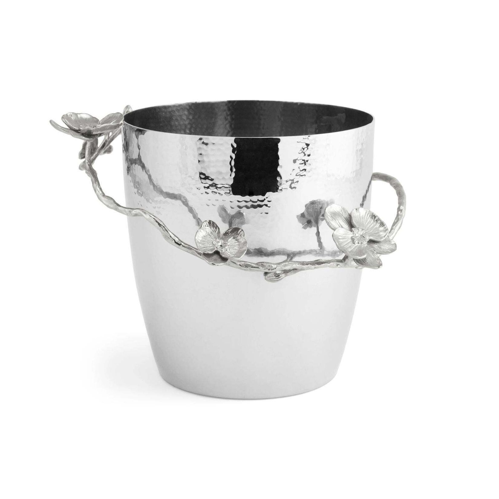 Pair Of Contemporary Silver Tone Metal Orchid Champagne Bucket photo for sale