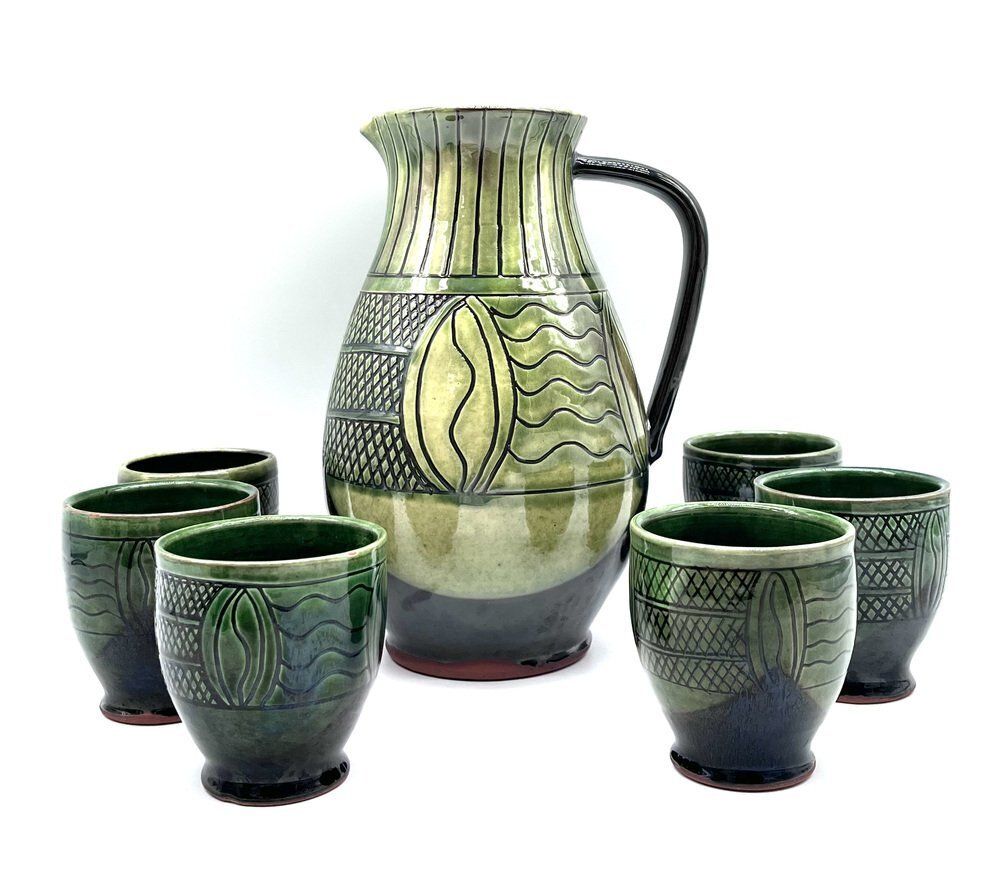 Mid Century Modern Ceramic Set Pitcher And Mugs With Sgraffito Decoration, Italy, 1960s, Set Of 7 photo furniture