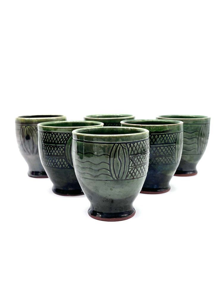 Mid Century Modern Ceramic Set Pitcher And Mugs With Sgraffito Decoration, Italy, 1960s, Set Of 7 photo for sale