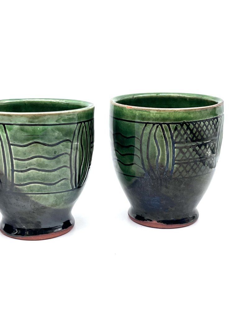 photo for sale Mid Century Modern Ceramic Set Pitcher And Mugs With Sgraffito Decoration, Italy, 1960s, Set Of 7
