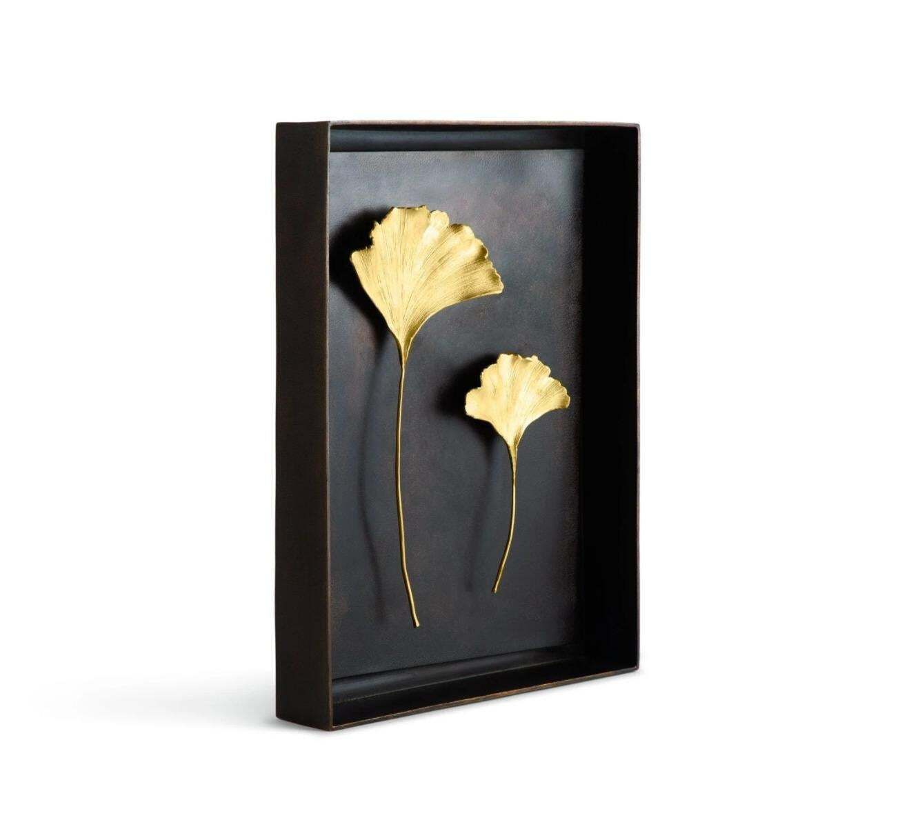 Pair Of Handmade Golden Ginkgo Leaf Shadow Boxes, Contemporary Style photo vinterior