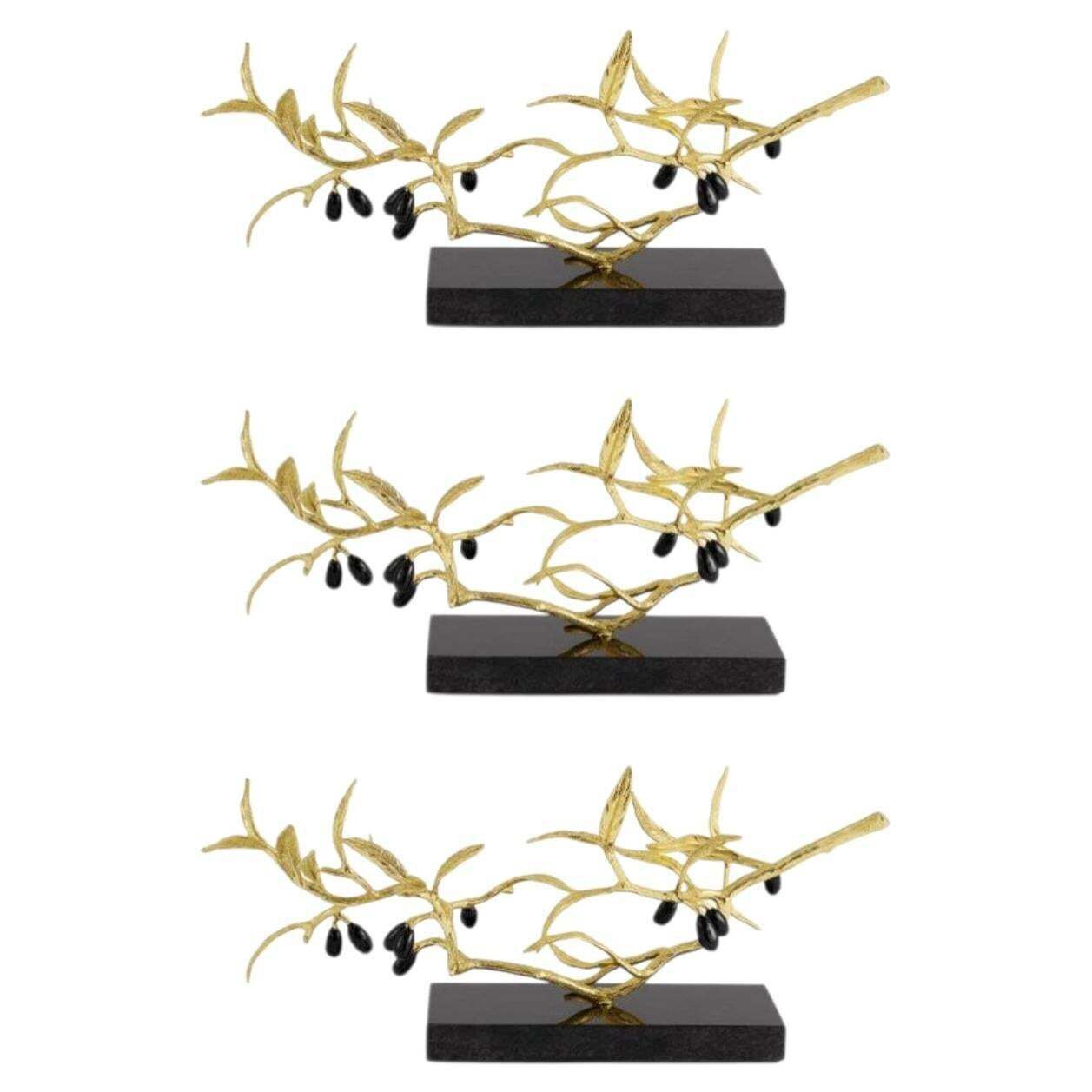Trio Of Olive Branch Decorative Objects In Brass And Granite