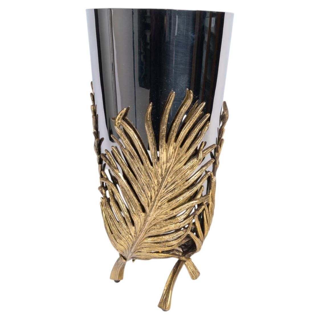 Chrome And Gold Plated Metal Modern Vase With A Palm Leaf Motif, 20th Century.
