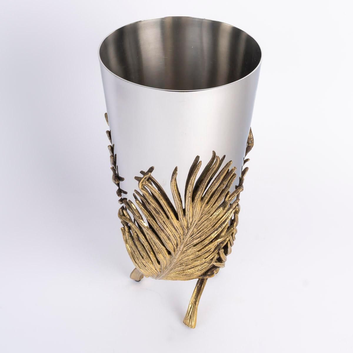 Chrome And Gold Plated Metal Modern Vase With A Palm Leaf Motif, 20th Century. photo furniture