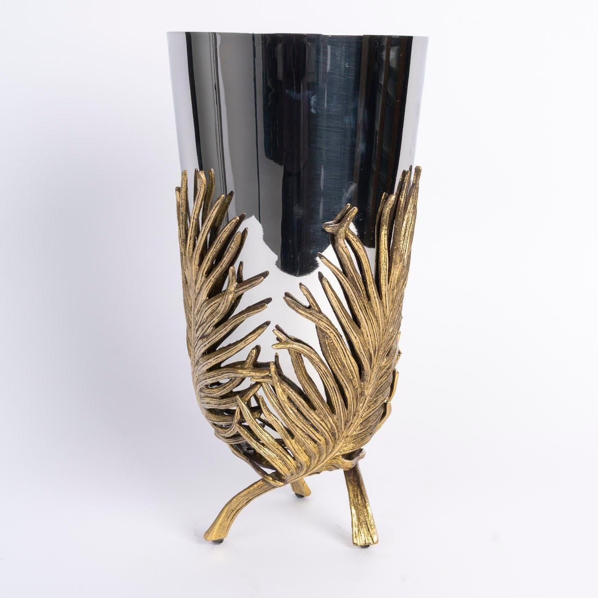 Chrome And Gold Plated Metal Modern Vase With A Palm Leaf Motif, 20th Century. photo for sale