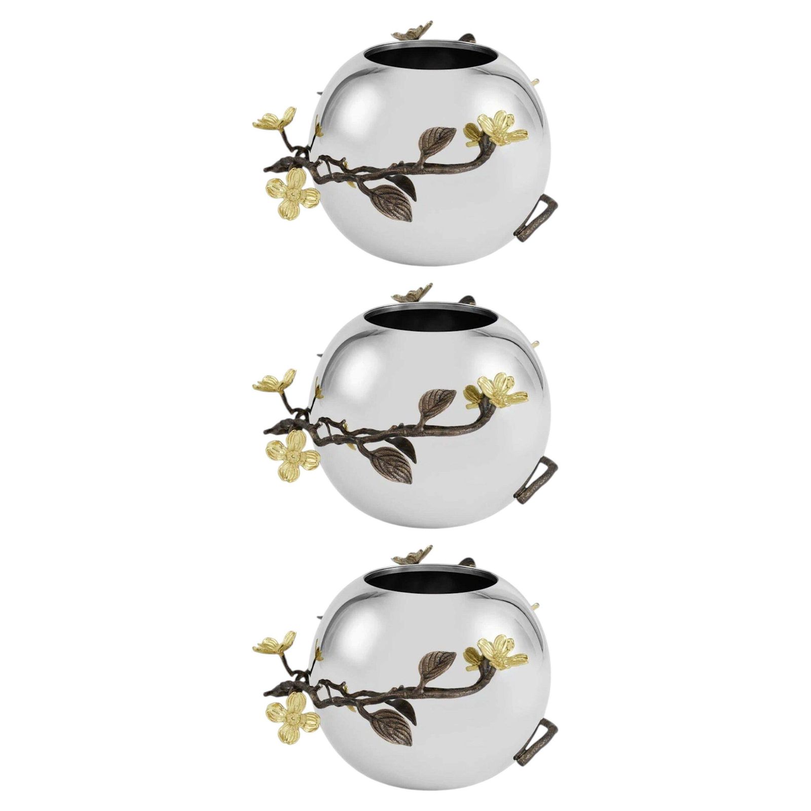 Set Of 3 Contemporary Silver Metal Dogwood Vase With Gold Detail