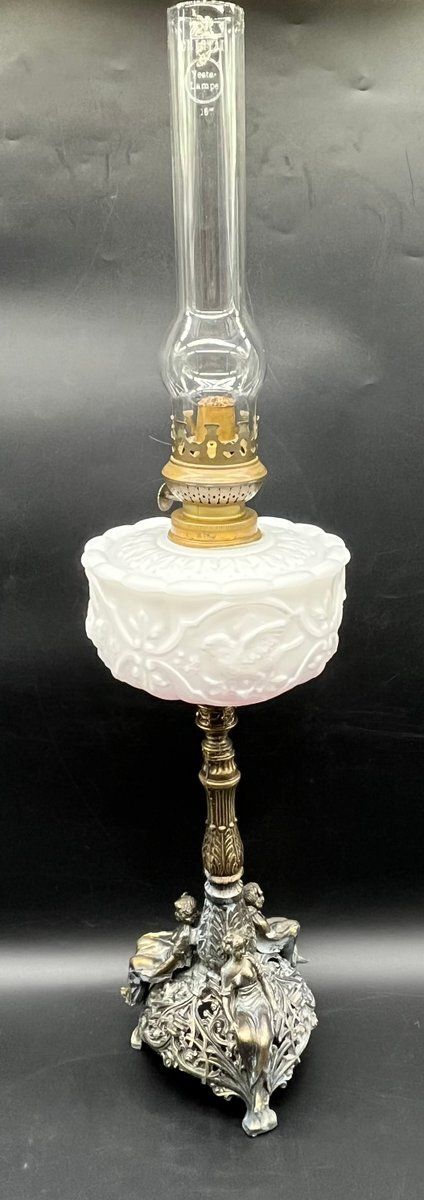 French Art Nouveau Kerosene Lamp In Cast Brass And Opal Glass, 1890s