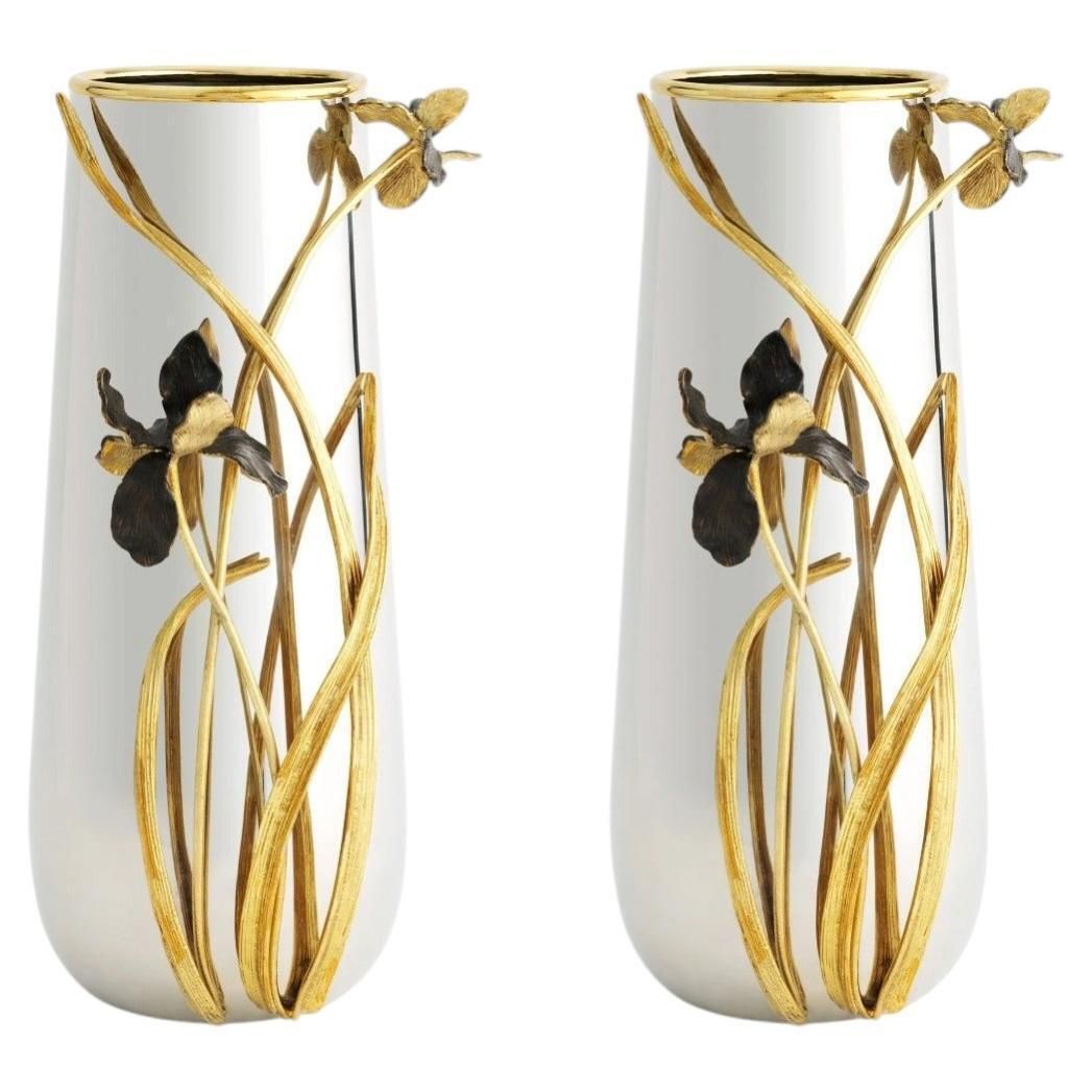 Pair Of Large Contemporary Black And Gold Metal Iris Vase
