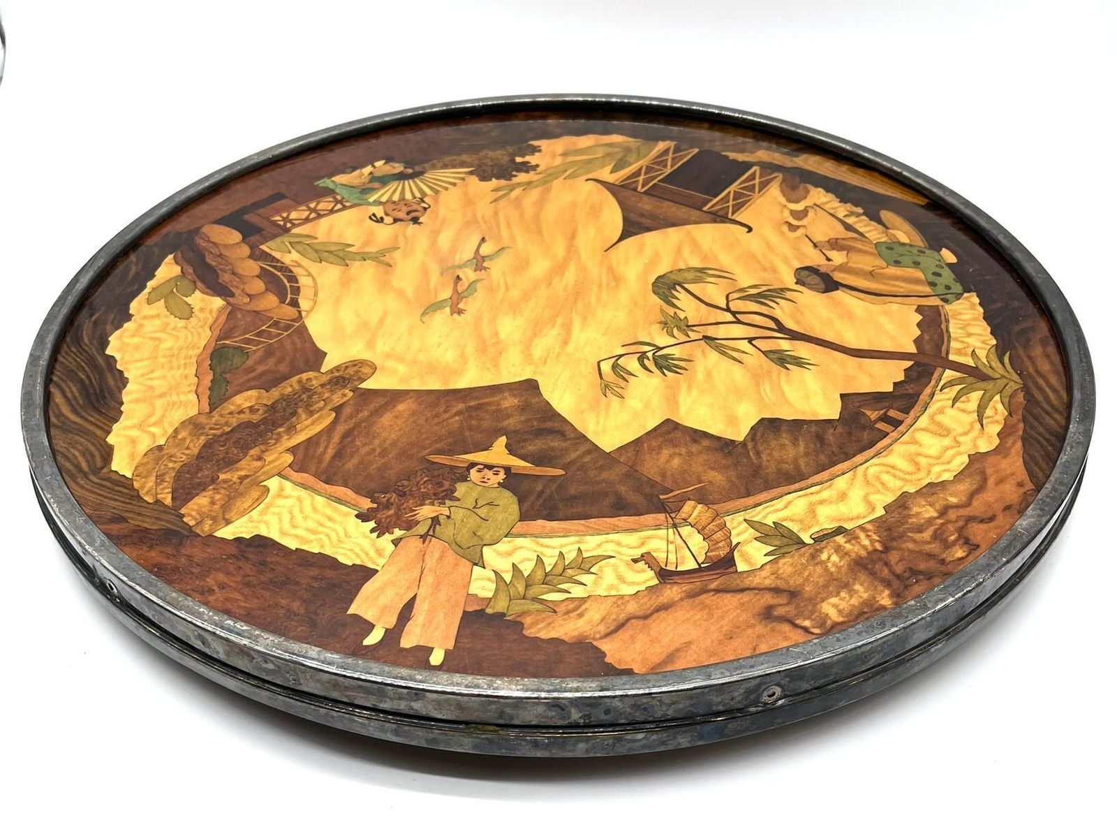 Asian Round Inlaid Turntable With Rural Scenes, 1960s photo furniture