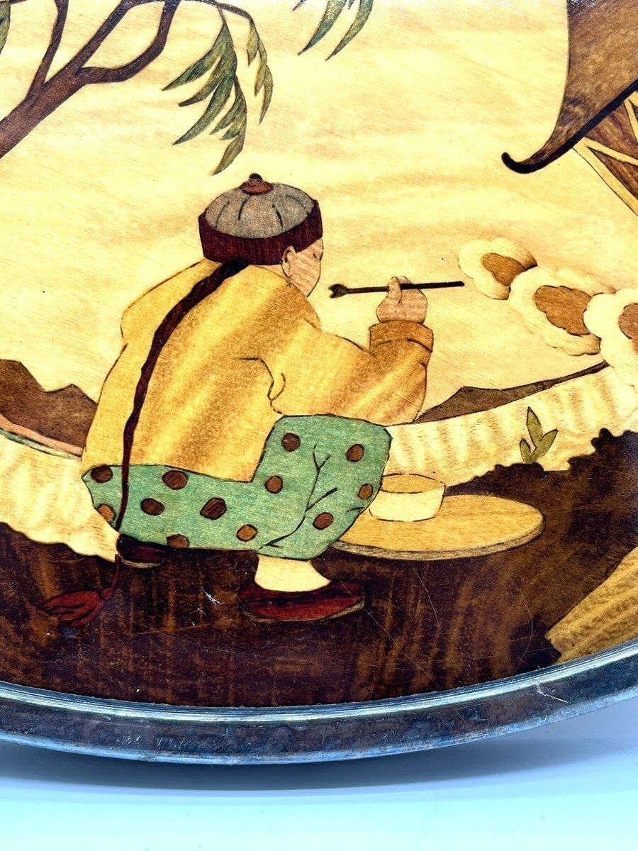 photo for sale Asian Round Inlaid Turntable With Rural Scenes, 1960s