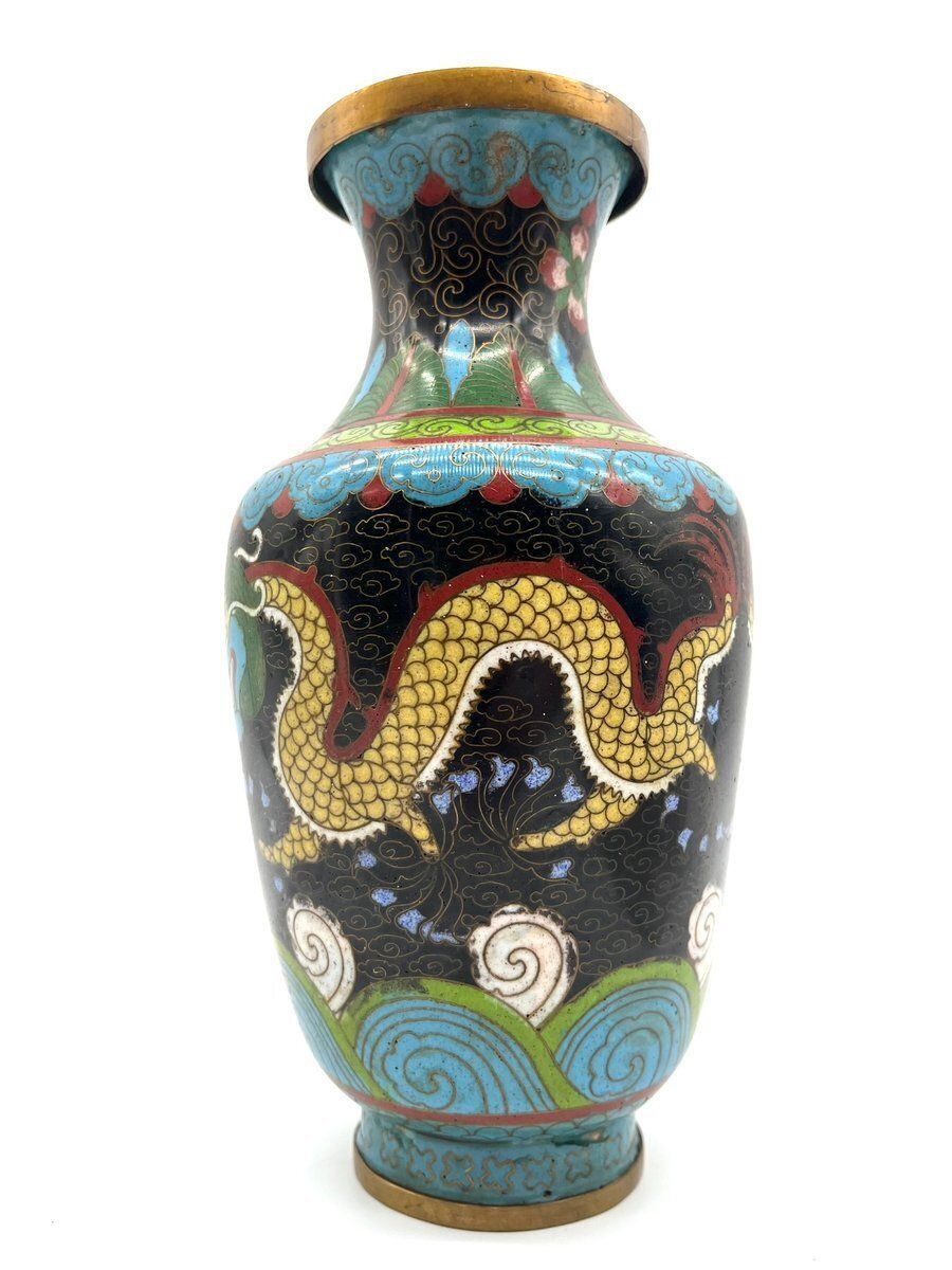 Antique Cloisonné Vase With Dragon Motif Enamel And Brass, China, 1900s photo furniture