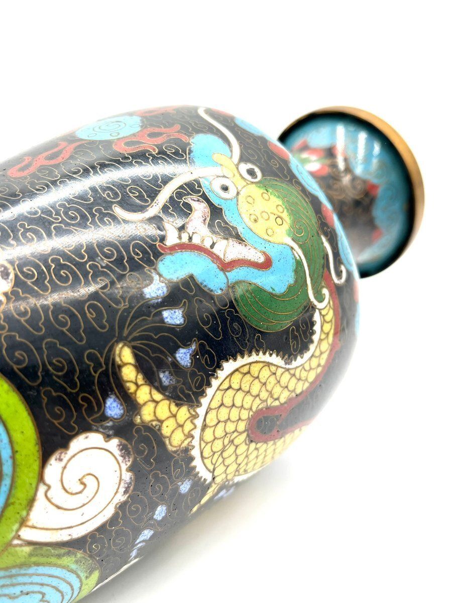 photo for sale Antique Cloisonné Vase With Dragon Motif Enamel And Brass, China, 1900s
