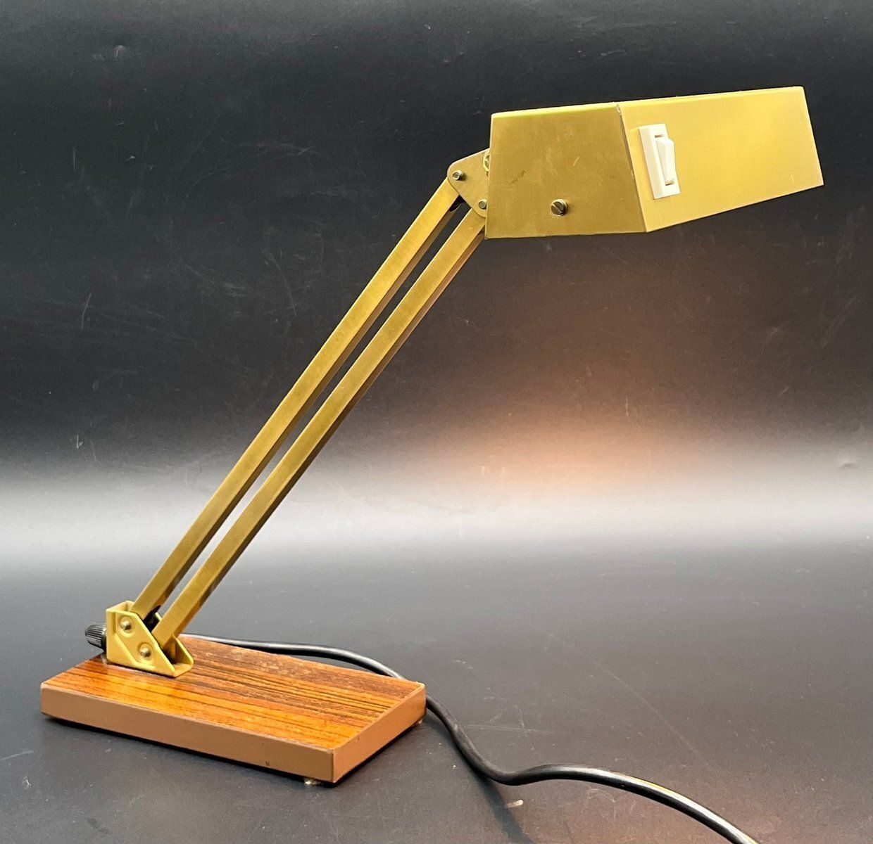 Vintage Brass Bankers Lamp With Wood Veneer Base By Pfäffle, 1960s photo vintage
