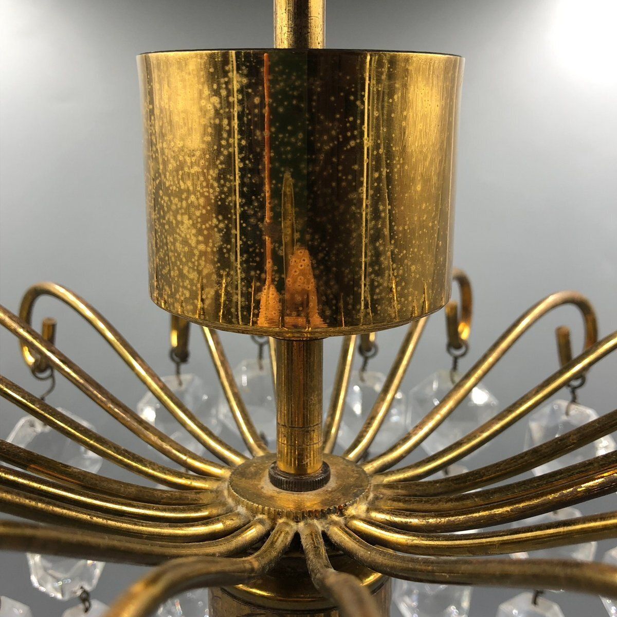 Hollywood Regency Art Deco Basket Chandelier In Brass & Crystal Ceiling Lamp photo for sale