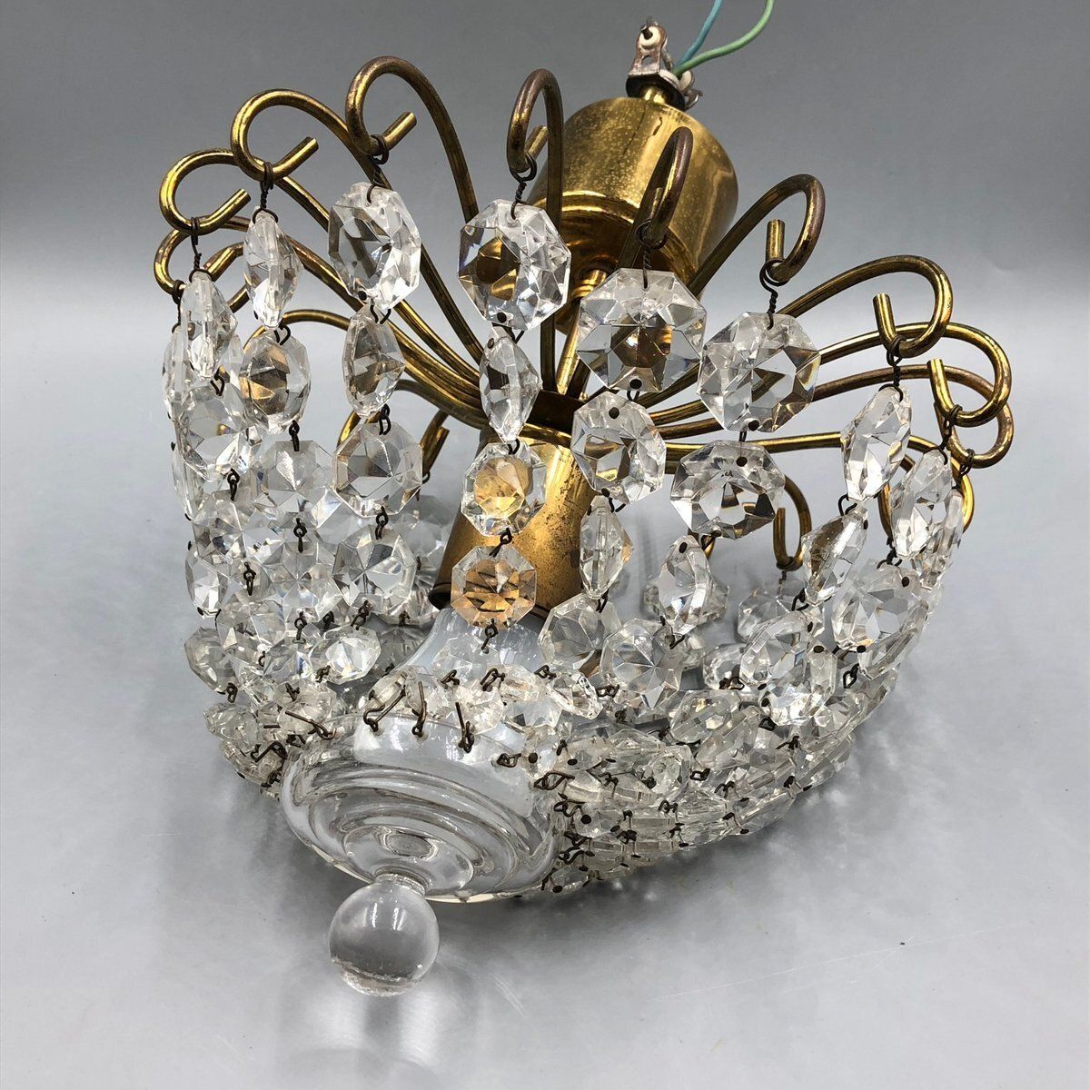 Hollywood Regency Art Deco Basket Chandelier In Brass & Crystal Ceiling Lamp photo Lighting