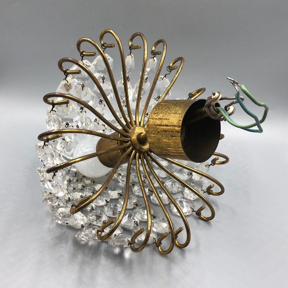 Hollywood Regency Art Deco Basket Chandelier In Brass & Crystal Ceiling Lamp photo 457.0