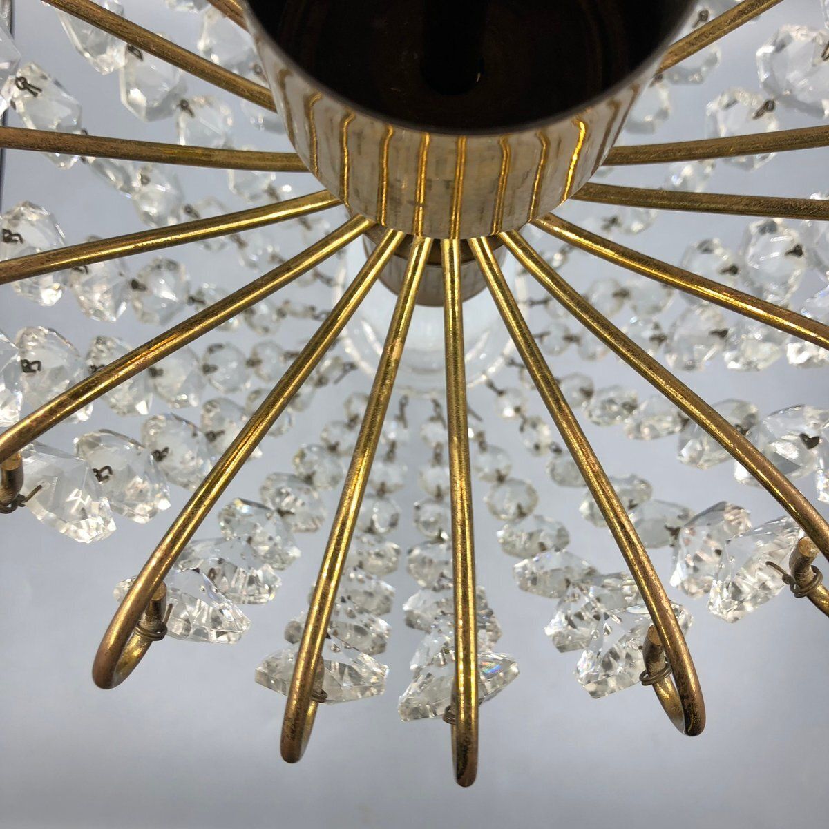 Hollywood Regency Art Deco Basket Chandelier In Brass & Crystal Ceiling Lamp photo buy