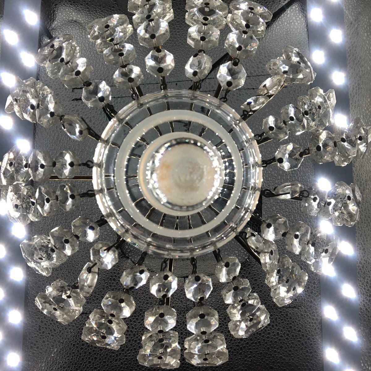 photo for sale Hollywood Regency Art Deco Basket Chandelier In Brass & Crystal Ceiling Lamp
