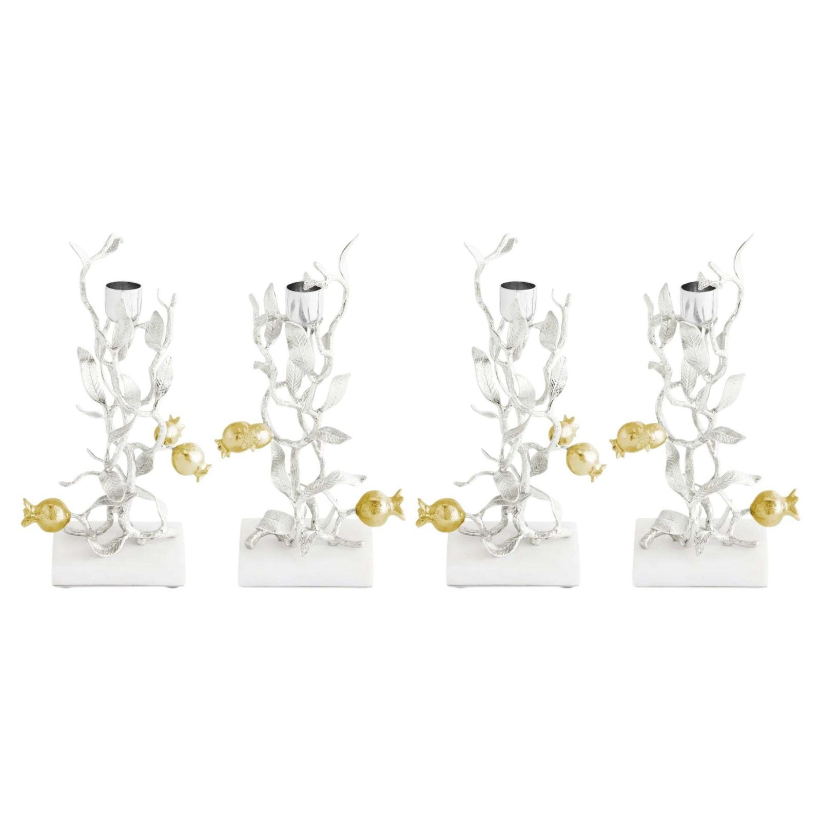 Set Of 4 Contemporary Silver And Gold Metal Pomegranate Candleholders