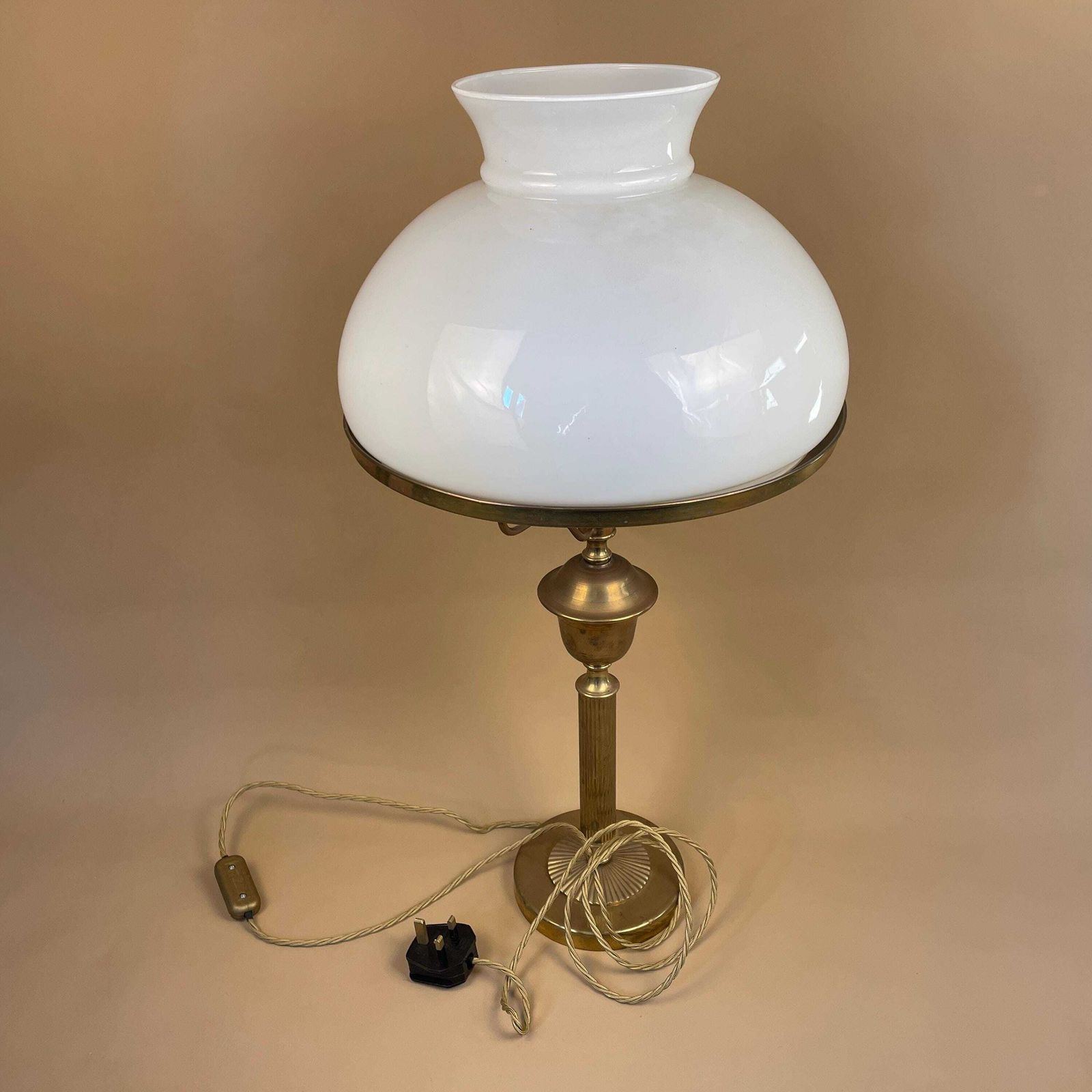 photo for sale Antique Gold Brass Table Lamp White Glass Shade Light Desk Bedside Side Ornate Oil Lamp Style Large