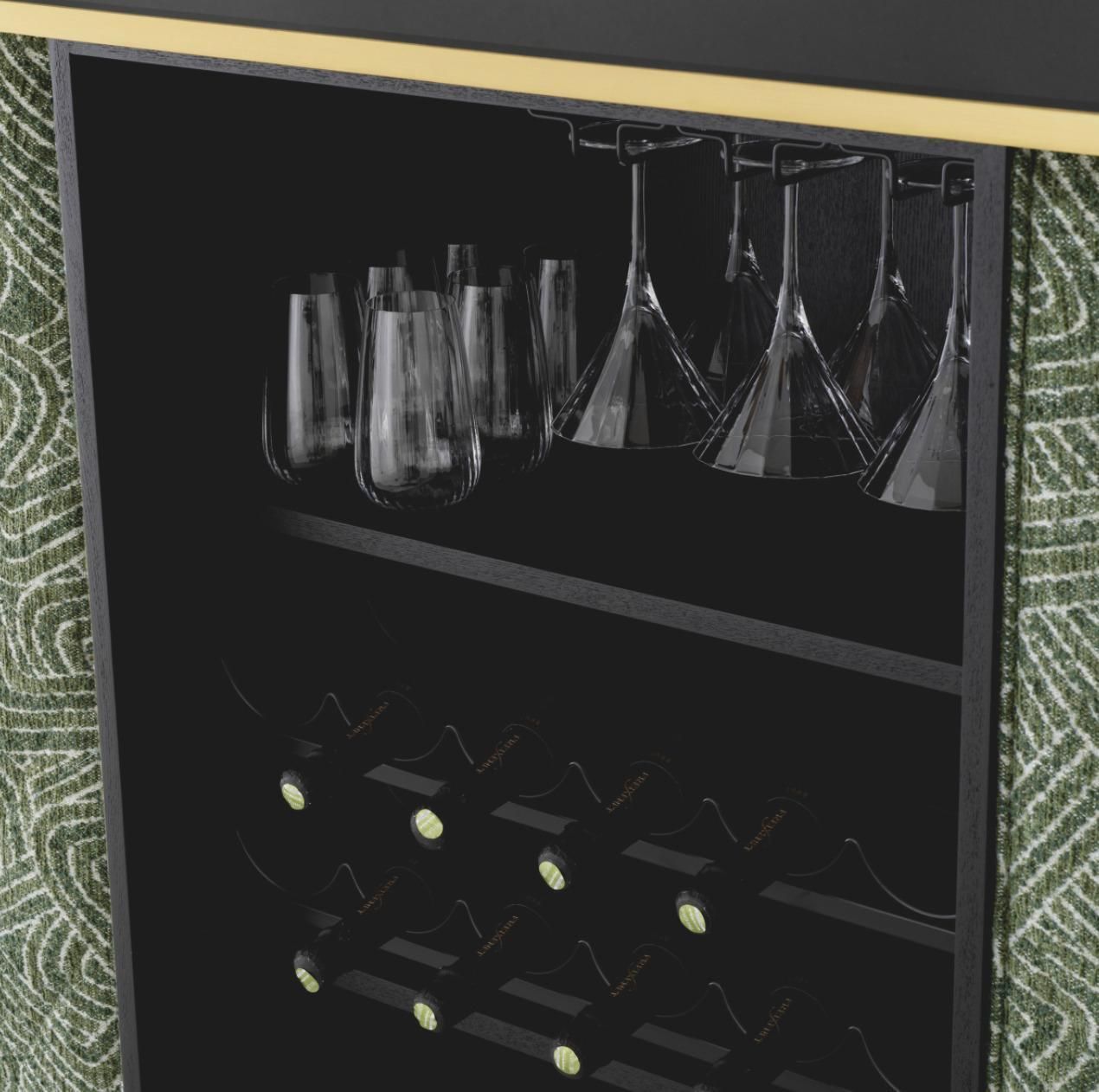 Oval Bar In Brushed Brass Black Glass And Camari Green Fabric photo vintage