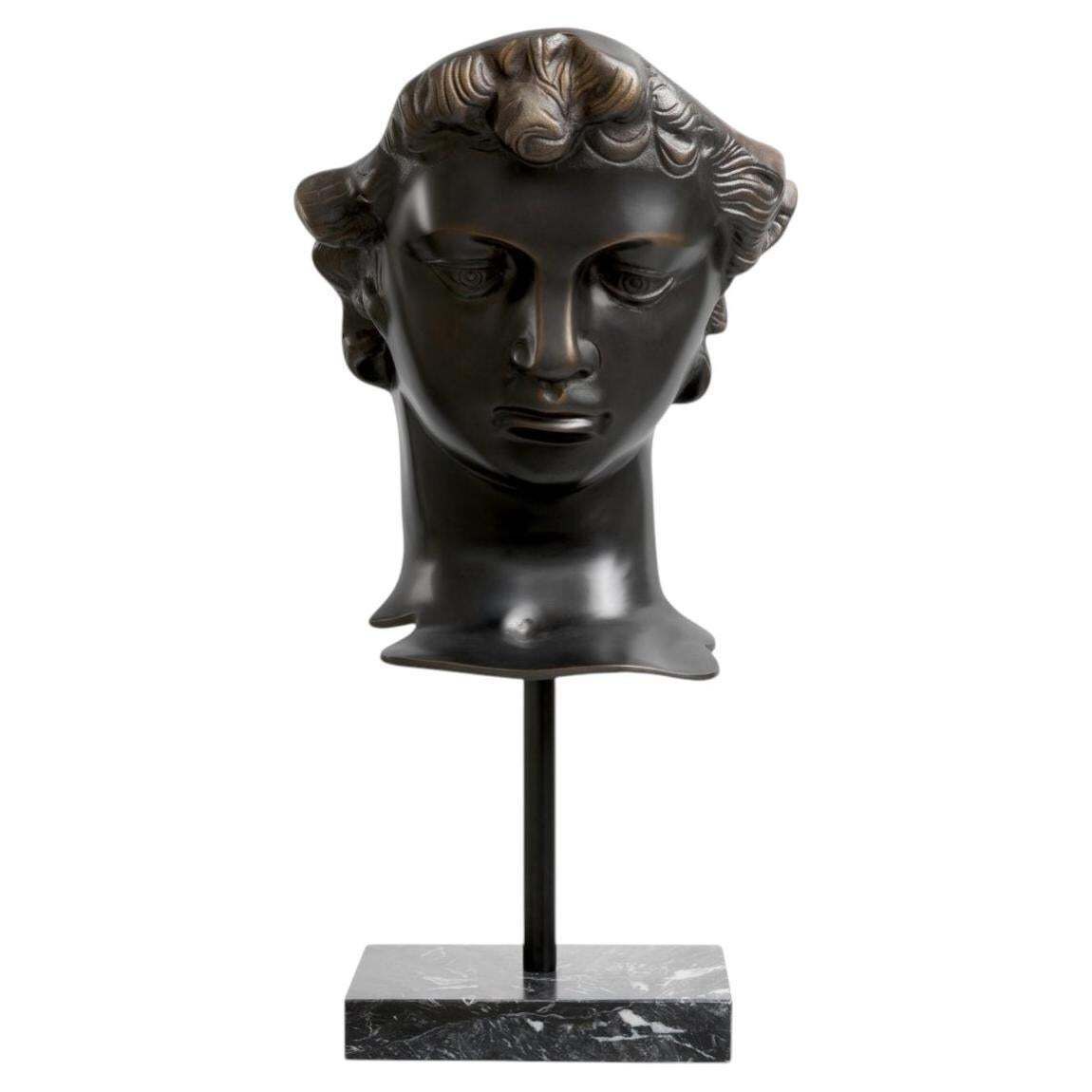 Head David Sculpture In Antique Bronze Finish On Black Marble Base